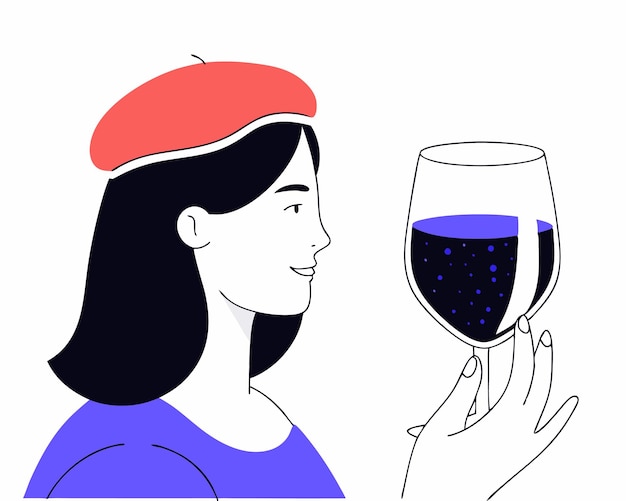 Ilustración de una mujer de boina roja con una copa de vino