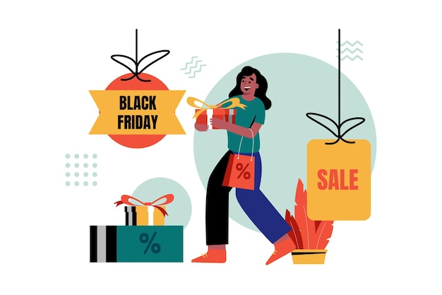 Ilustración de una mujer en busca de descuentos del viernes negro
