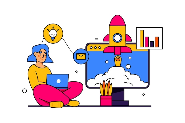 Ilustración de una mujer en busca de ideas para aumentar las ventas