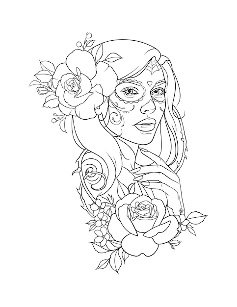Ilustración de mujer con cabello largo decorado con elementos florales Antiestrés en blanco y negro