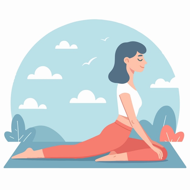 Vector ilustración de una mujer calentando estiramientos musculares con ejercicios de yoga