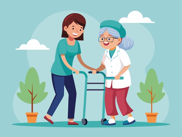 una ilustración de una mujer con un caminante y una mujer mayor
