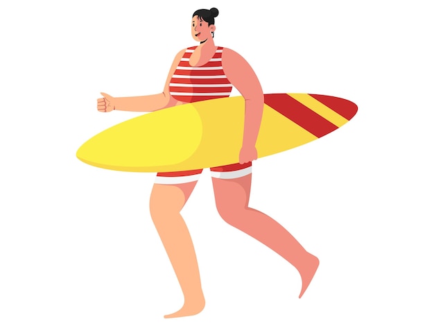 Ilustración de una mujer cargando una tabla de surf