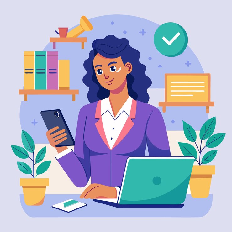 Vector ilustración de una mujer de carrera con una computadora portátil