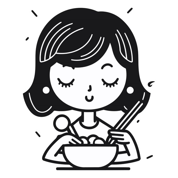 Vector ilustración de una mujer comiendo un plato de avena con una cuchara