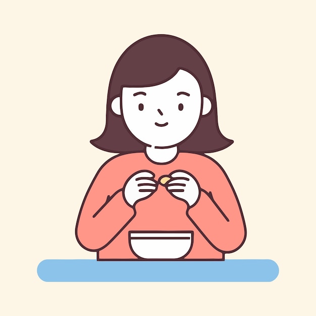 Ilustración de una mujer comiendo un tazón de cereal de diseño plano