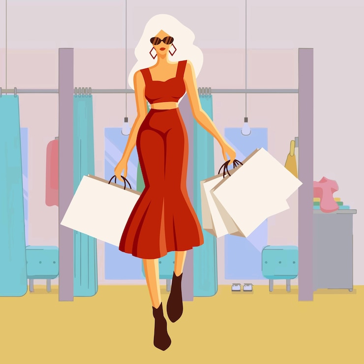 Vector ilustración de una mujer comprando en el centro comercial