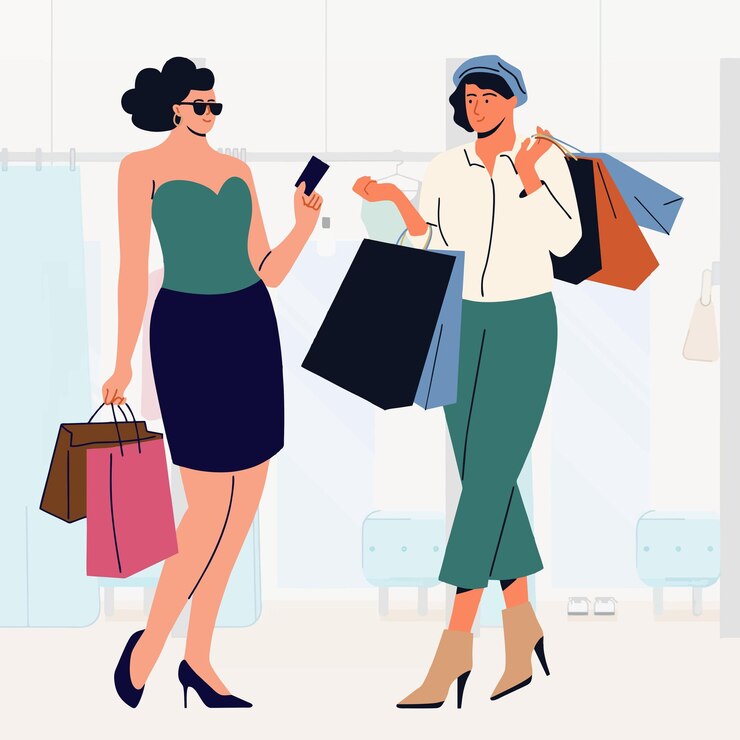 Vector ilustración de una mujer comprando en el centro comercial