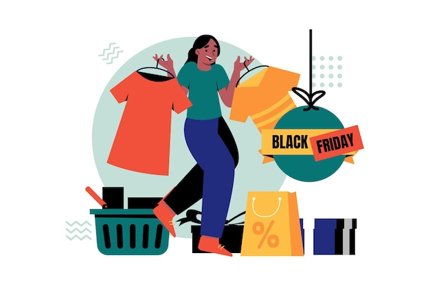Ilustración de una mujer comprando ropa con descuento