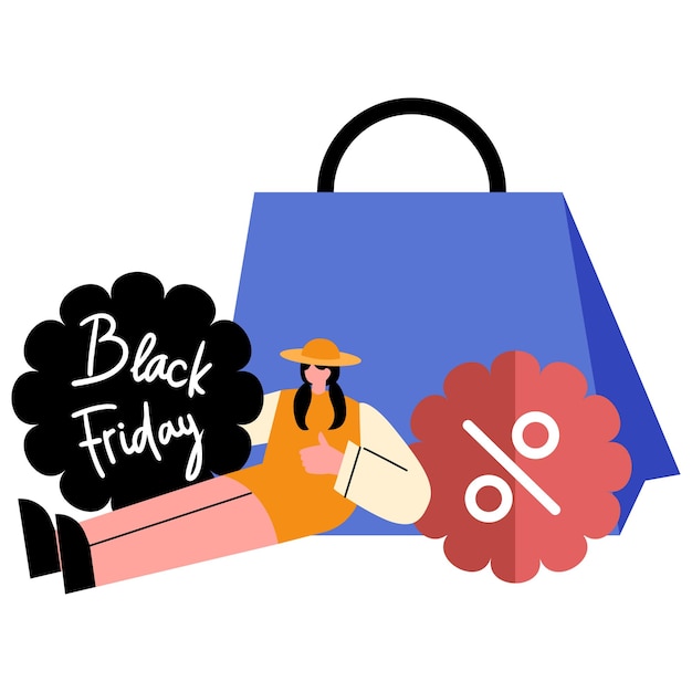 Ilustración de una mujer comprando el Viernes Negro con bolsas de colores