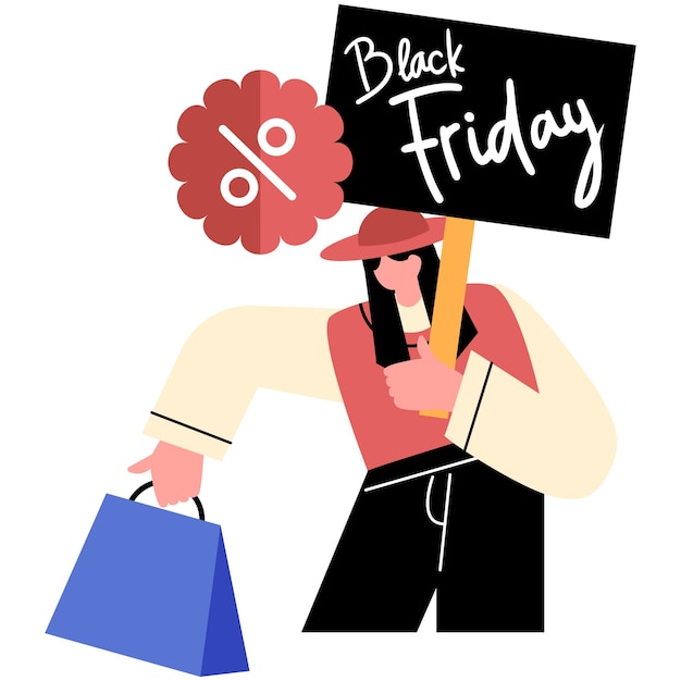 Ilustración de una mujer comprando el Viernes Negro con bolsas de colores