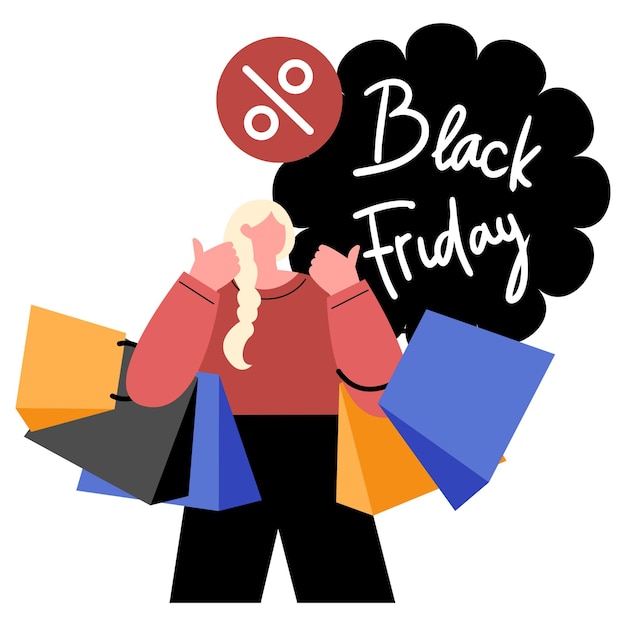 Ilustración de una mujer comprando el Viernes Negro con bolsas de colores