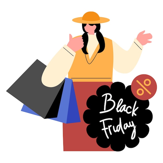 Ilustración de una mujer comprando el Viernes Negro con bolsas de colores