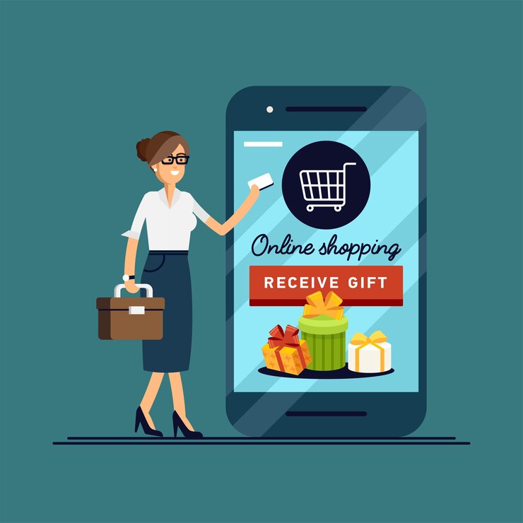 Vector ilustración mujer de compras en línea con tarjeta de crédito telefónica.