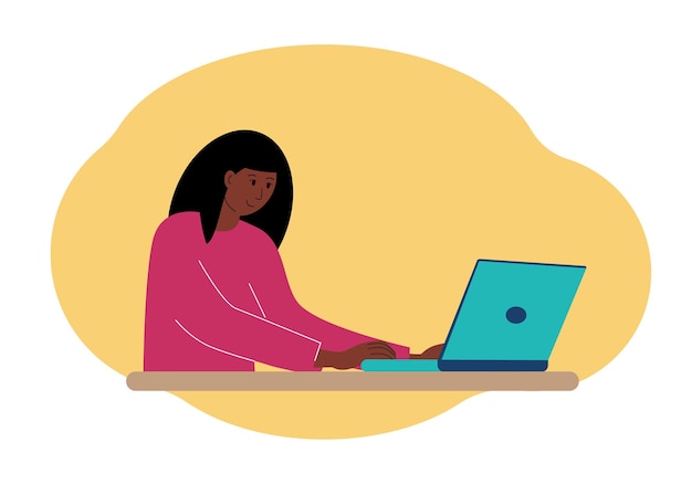 Ilustración de una mujer elegante que trabaja en una computadora portátil.