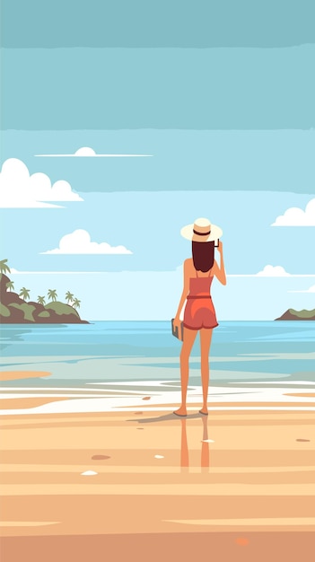 Vector ilustración de una mujer de espaldas en la playa mirando al mar