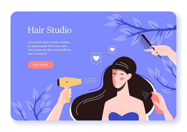 Vector ilustración de mujer en el estudio de cabello, concepto de banner web. estilista y cliente en salón de belleza. concepto de tratamiento de belleza capilar profesional