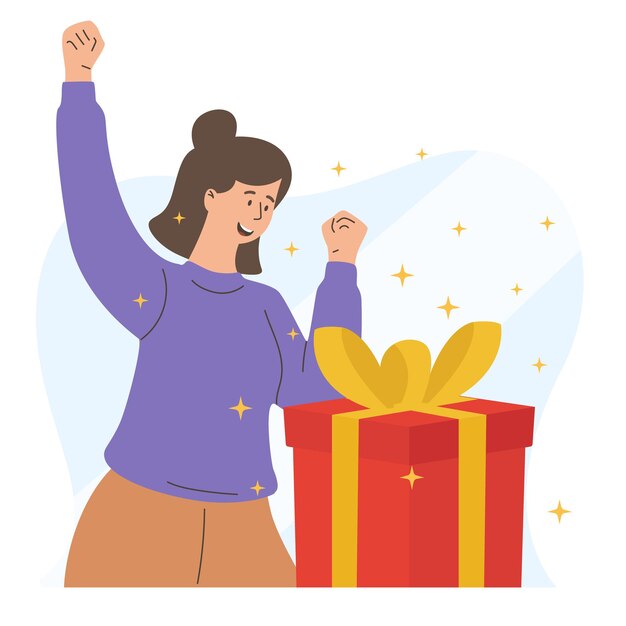 Ilustración de mujer feliz ha recibido una caja de regalo