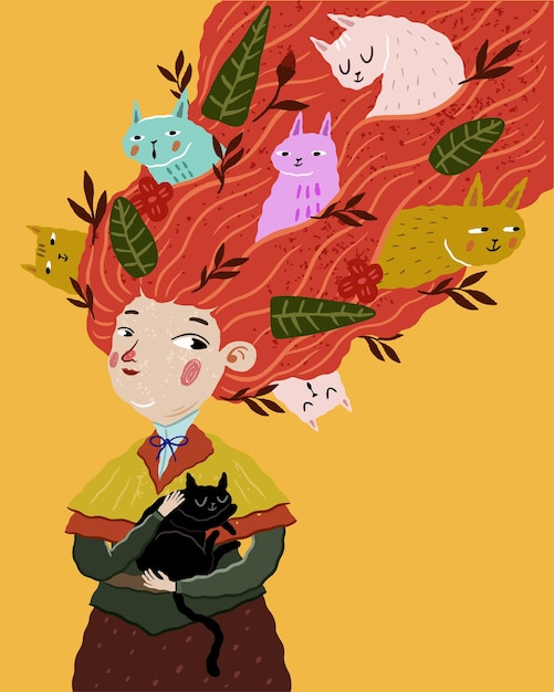 Vector ilustración de mujer y gatos lindos