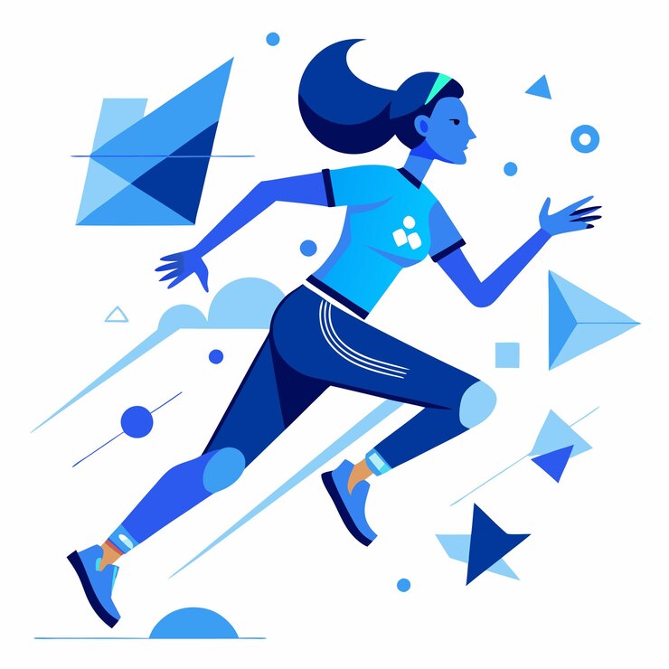 Vector ilustración de una mujer geométrica azul corriendo