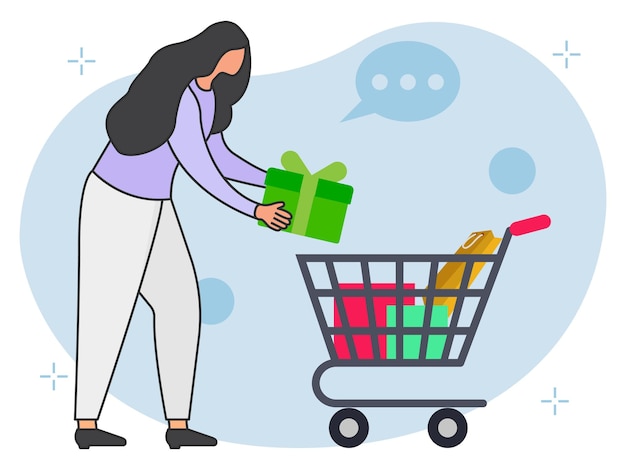 Ilustración de una mujer haciendo compras de productos