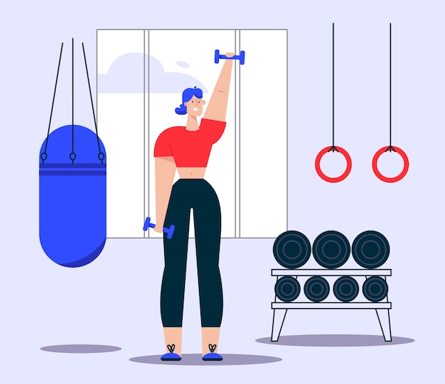 Ilustración de mujer haciendo ejercicios con mancuernas. Saco de boxeo, aros de gimnasia, estanterías de material deportivo en gimnasio. Estilo de vida saludable, ejercicios de fuerza, adelgazamiento.