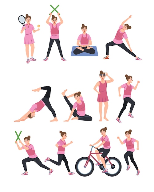 Vector ilustración de una mujer haciendo meditación de estiramiento y varios deportes