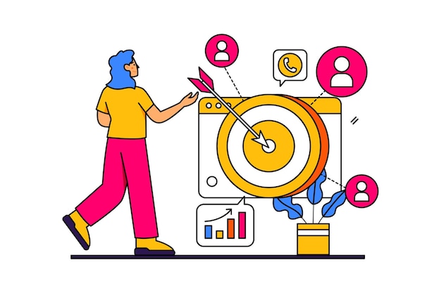 Ilustración de una mujer haciendo objetivos de comercialización