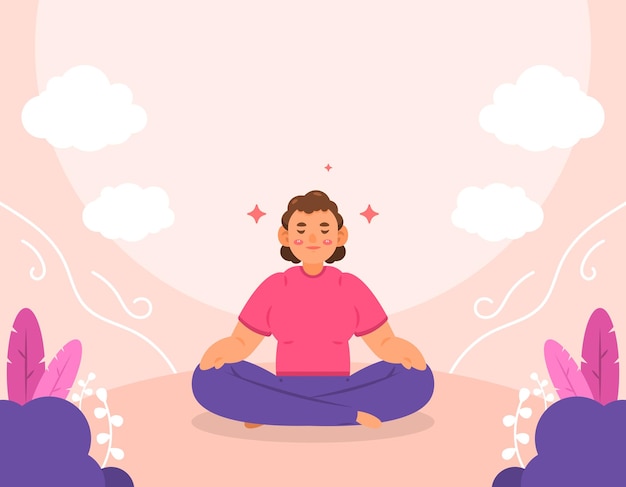 Ilustración de una mujer haciendo yoga en la posición del loto o sentada meditando con las piernas cruzadas