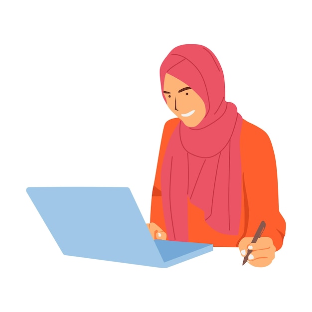Ilustración de una mujer con hiyab que trabaja en una oficina