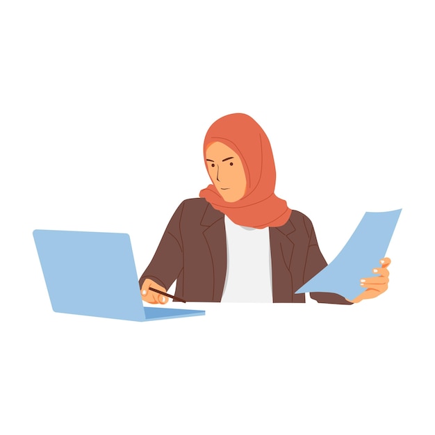 Ilustración de una mujer con hiyab que trabaja en una oficina