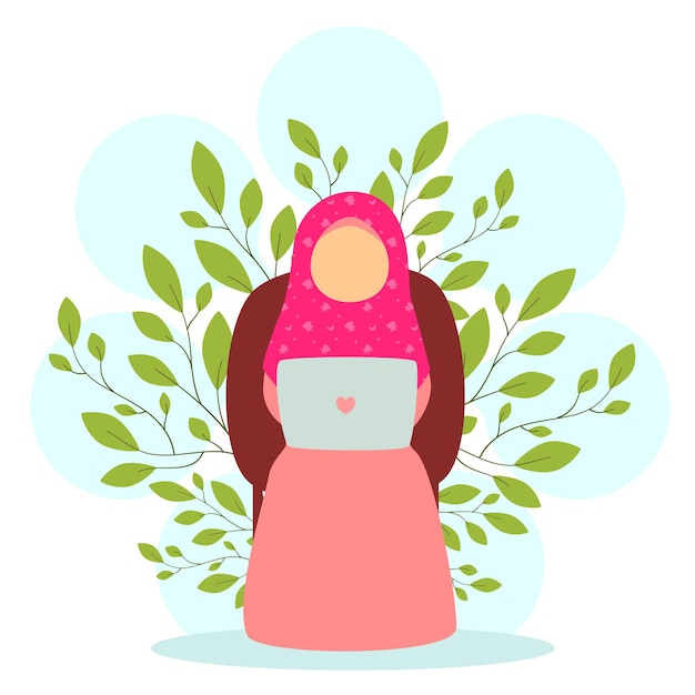 Ilustración de una mujer con hiyab en el trabajo usando una laptop