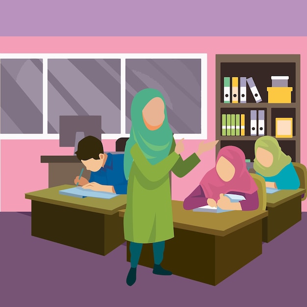 Una ilustración de una mujer con un hiyab verde parada en un salón de clases.