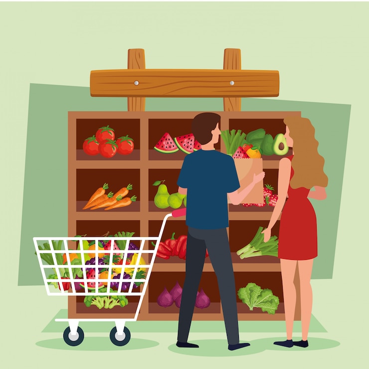 Vector ilustración de mujer y hombre comprador, tienda tienda mercado compras comercio minorista comprar y pagar