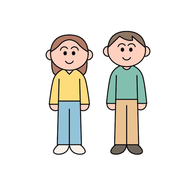 Ilustración de una mujer y un hombre jóvenes dibujando el contorno de un personaje al estilo de dibujos animados sobre un fondo blanco