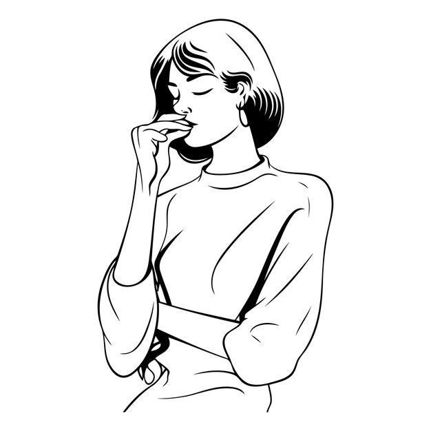 Vector ilustración de una mujer joven con una blusa roja fumando un cigarrillo