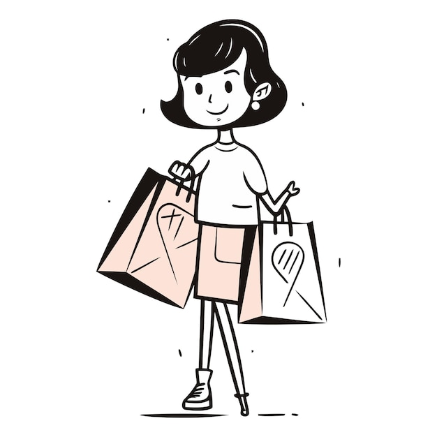 Vector ilustración de una mujer joven con bolsas de compras