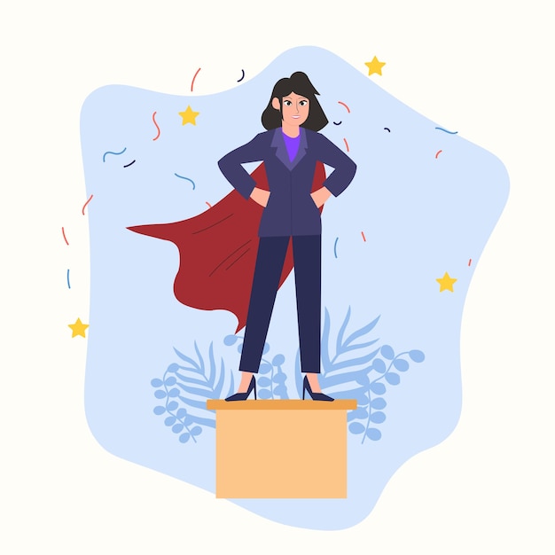 Ilustración de una mujer joven celebrando exuberantemente su vector ganador del concurso de logro de objetivos