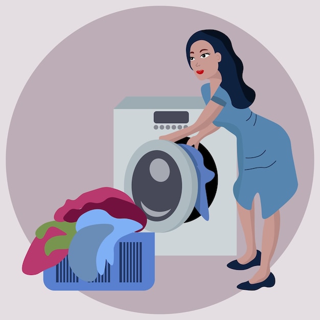 Ilustración una mujer joven está lavando ropa en una lavadora