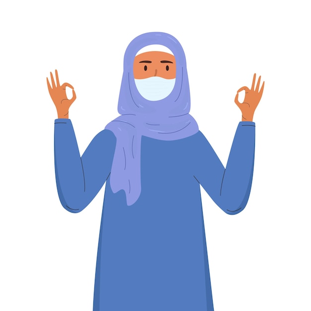 Una ilustración de una mujer joven con un hiyab con una máscara protectora, que muestra el gesto de OK.