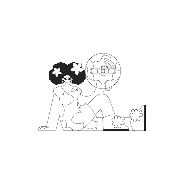 Ilustración de una mujer joven con el logo de estilo lineal del Internet de las cosas