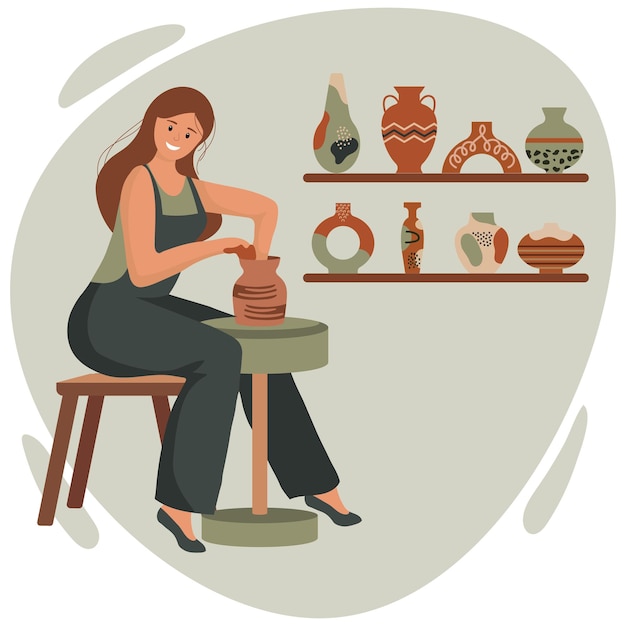 Vector ilustración de una mujer joven en overoles hace cerámica el concepto de preservación de las tradiciones