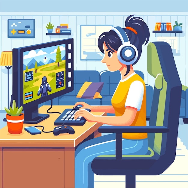 Vector ilustración de una mujer jugando a un juego de francotirador en una computadora