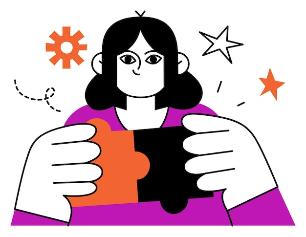 Ilustración de una mujer juntando piezas de rompecabezas con formas abstractas en el fondo