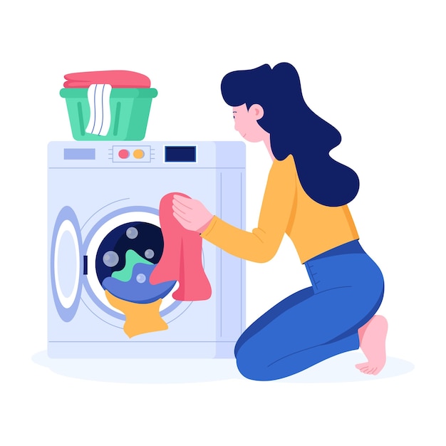 Ilustración de una mujer lavando ropa en una máquina plana