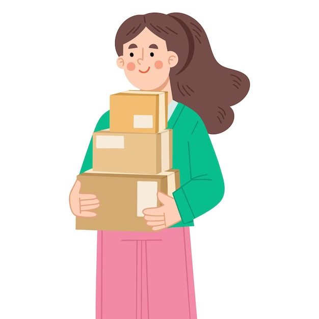 Ilustración de una mujer llevando cajas