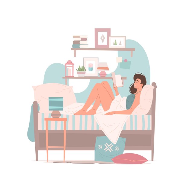 Ilustración de mujer moderna sentada en la cama debajo de una manta y libro de lectura