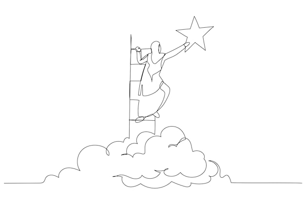 Ilustración de mujer musulmana alcanzando las estrellas Arte de línea continua
