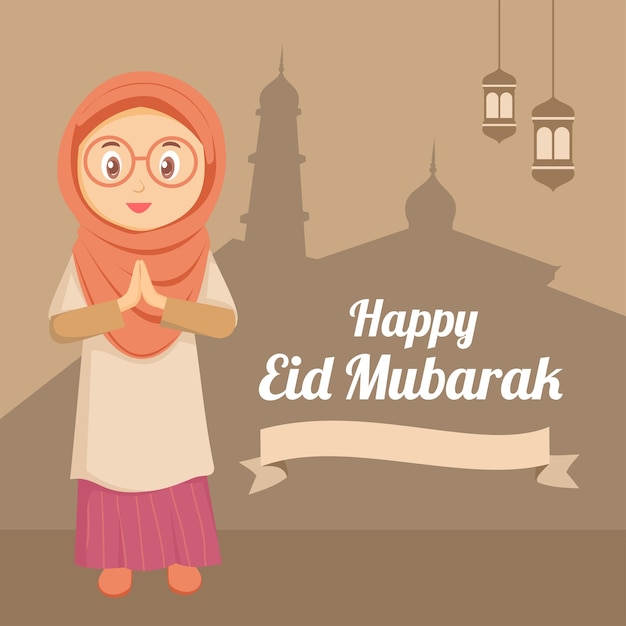 Vector ilustración de una mujer musulmana con un pañuelo en la cabeza feliz eid mubarak