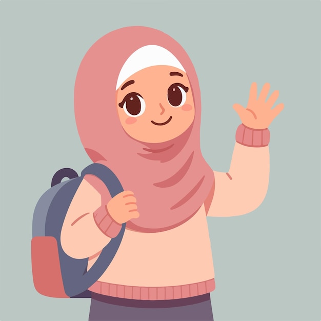 Ilustración de una mujer musulmana saludando con un estilo de diseño plano simple y minimalista